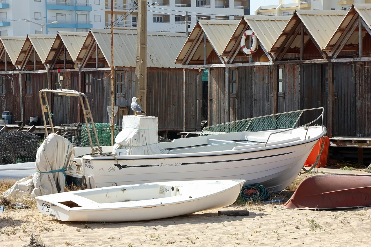 Vissersboten op het zand van Armação de Pêra, naast de houten vissershuisjes op het strand