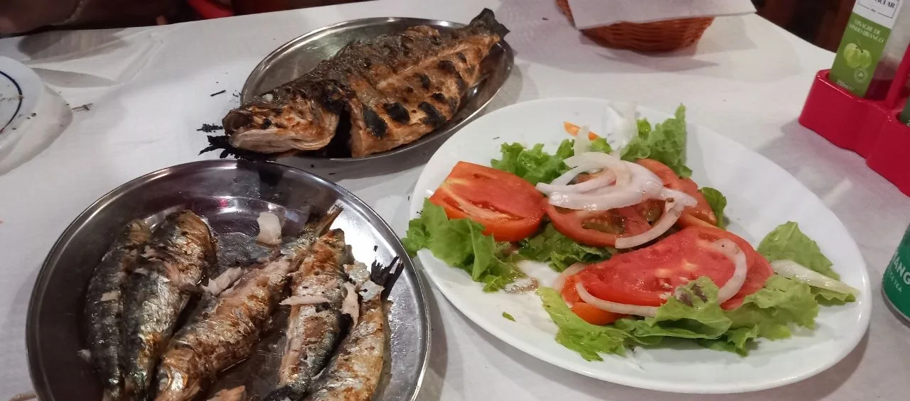 Twee metalen schalen met gegrilde sardines en een hele gegrilde vis, naast een bord salade met tomaat en ui